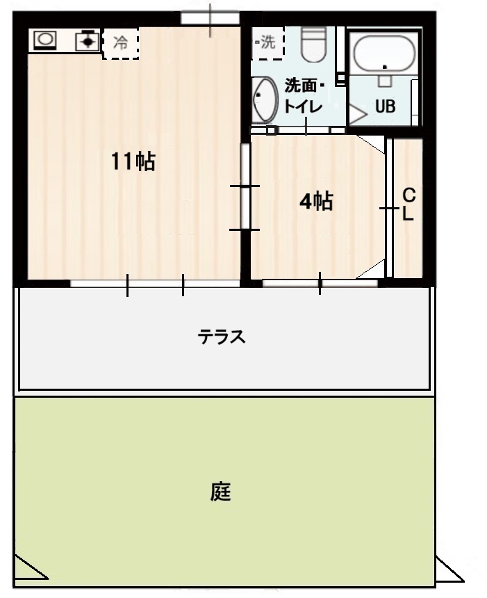 居室タイプCの間取り。10帖の部屋（ミニキッチン込）と4帖、洗面所、バスルーム、テラス、庭