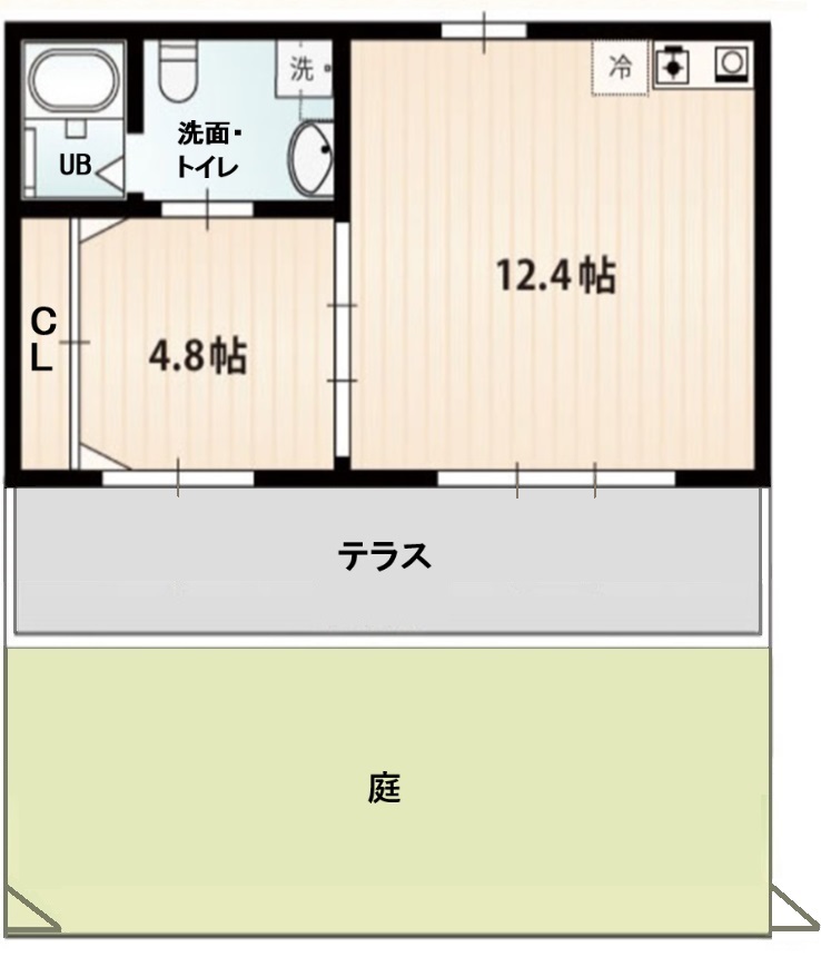 居室タイプDの間取り。12.4帖の部屋（ミニキッチン込）と4.8帖、洗面所、バスルーム、テラス、庭