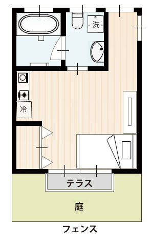 居室タイプFの間取り。1DK （ミニキッチン込）、洗面所、バスルーム、テラス、庭